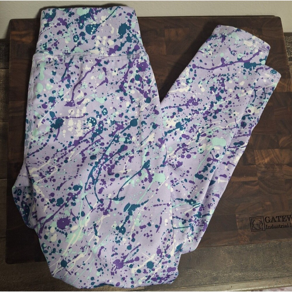 Athletic Works Girls Leggings Size M 7-8 Purple Teal Paint Splatter Activewear